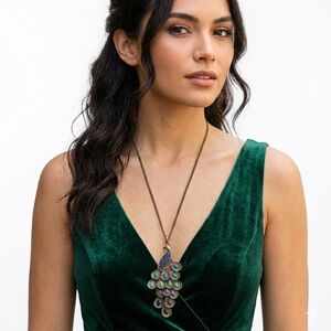 Vintage 2006 Pier 1 Imports Long Antique Bronze Peacock Pendant Necklace